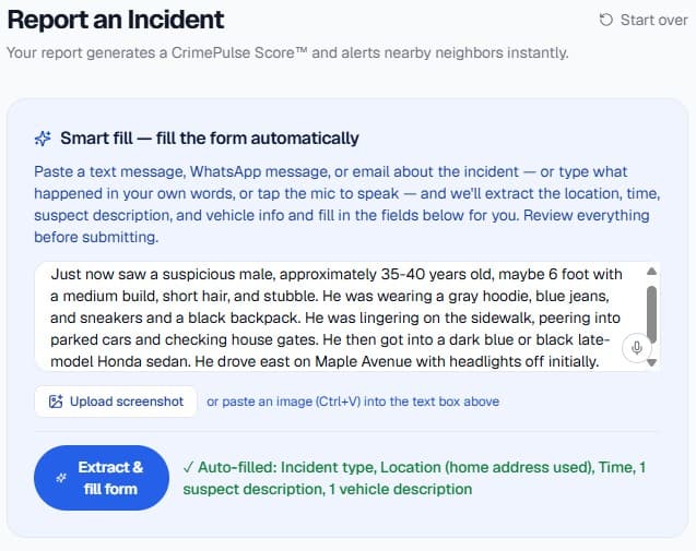 CrimePulse Smart Paste screen with a pasted incident description auto-filling the report form