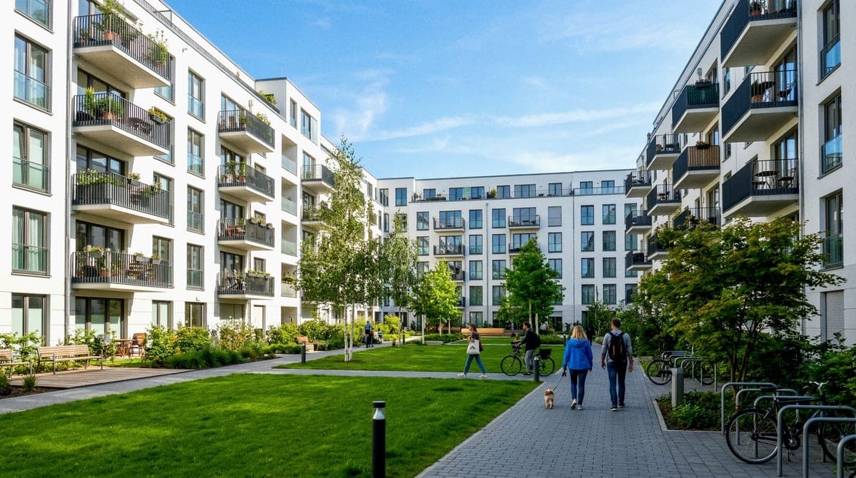 Residents walking through a well-kept apartment courtyard
