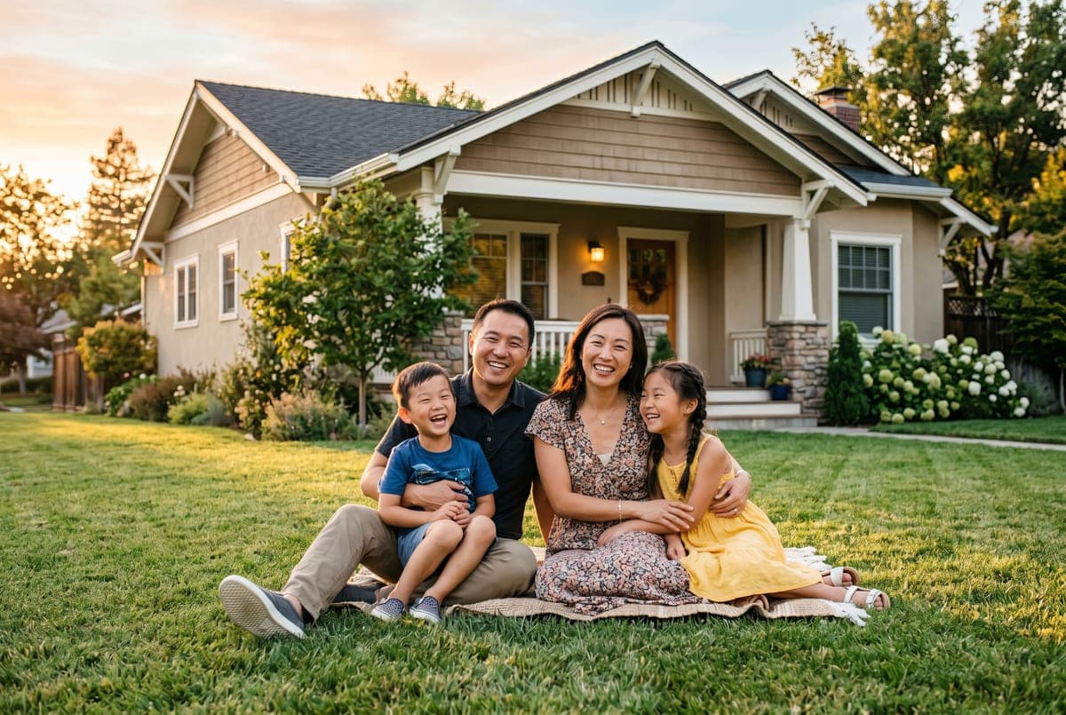Family sitting on the lawn in front of their home at golden hour