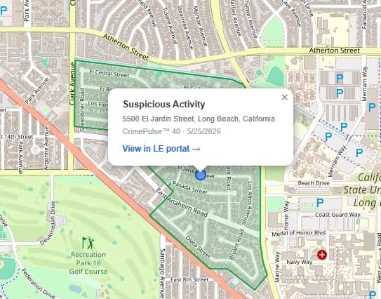 CrimePulse incident map showing a suspicious activity alert in a neighborhood